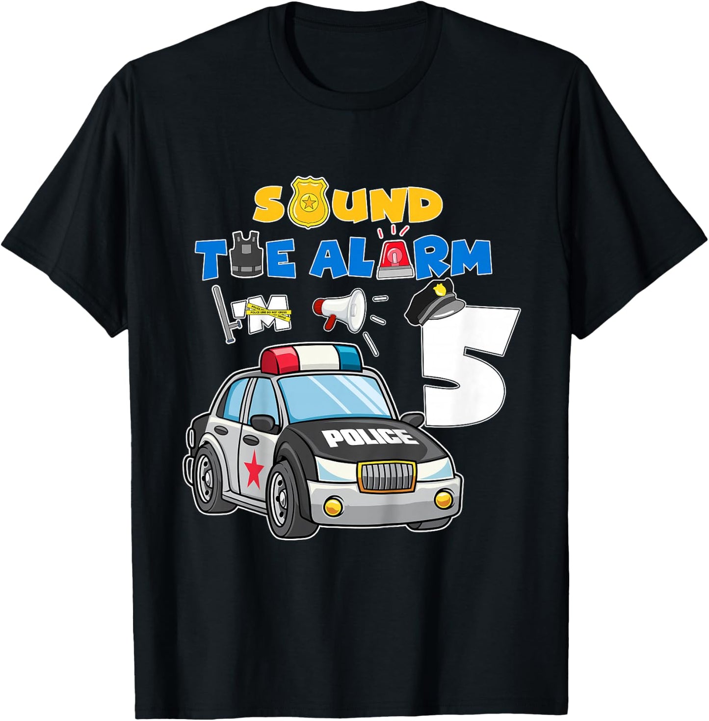 Sound Alarm 5 Year Old Police Cars 5th Birthday Boy T-Shirt - T-Shirt | Black
