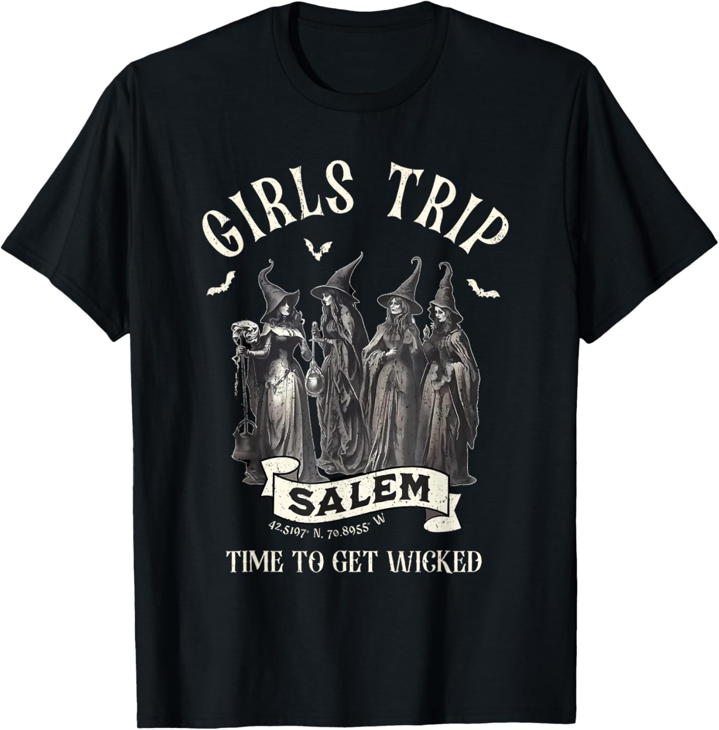 Vintage Girls Trip to Salem Time To Get Wicked Halloween T-Shirt - T-Shirt | Black