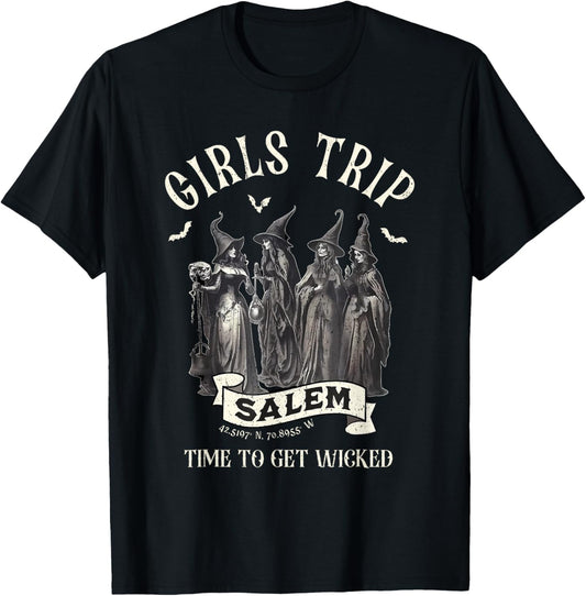 Vintage Girls Trip to Salem Time To Get Wicked Halloween T-Shirt - T-Shirt | Black