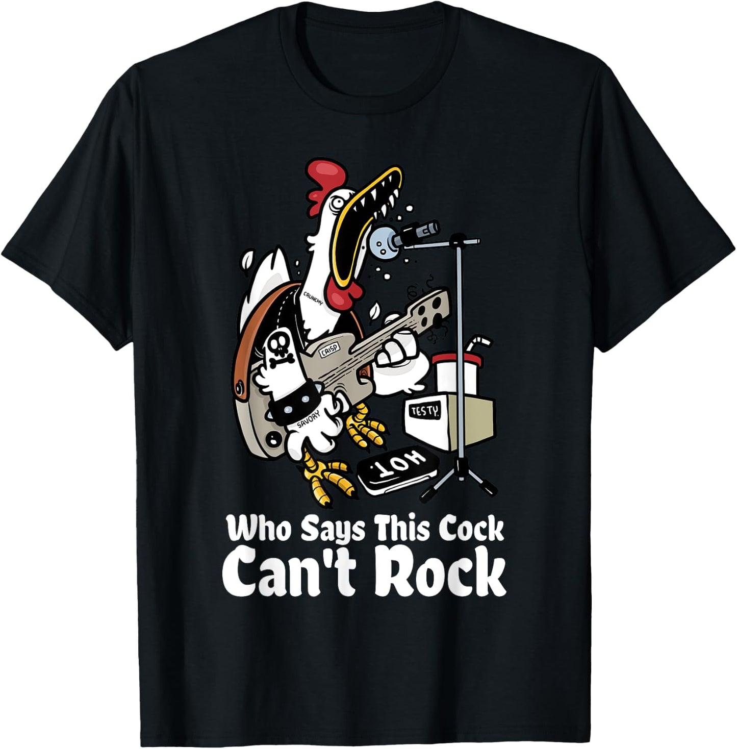 Funny Rock & Roll Rooster Chicken Playing Rock Guitar Party T-Shirt - T-Shirt | Black