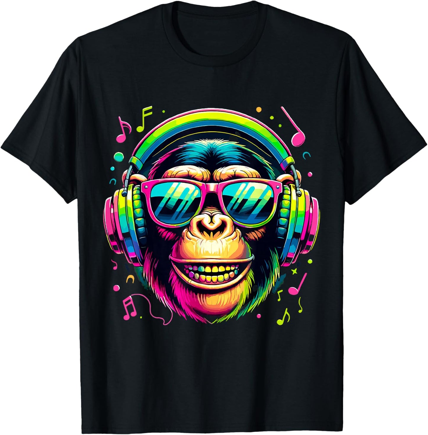 Monkey Chimp with Headphones Music Lover T-Shirt - T-Shirt | Black