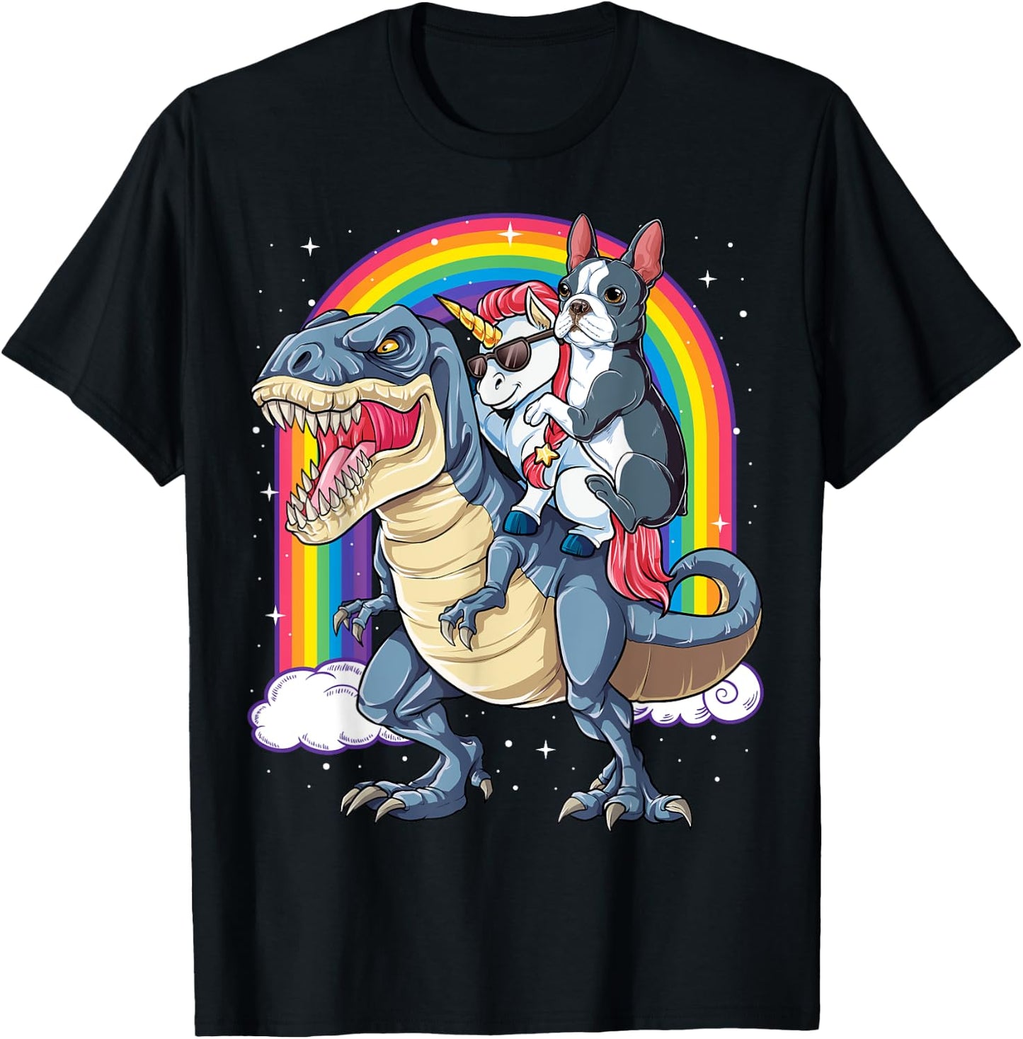 Boston Terrier Unicorn Riding Dinosaur T-rex Girls Rainbow T-Shirt - T-Shirt | Black