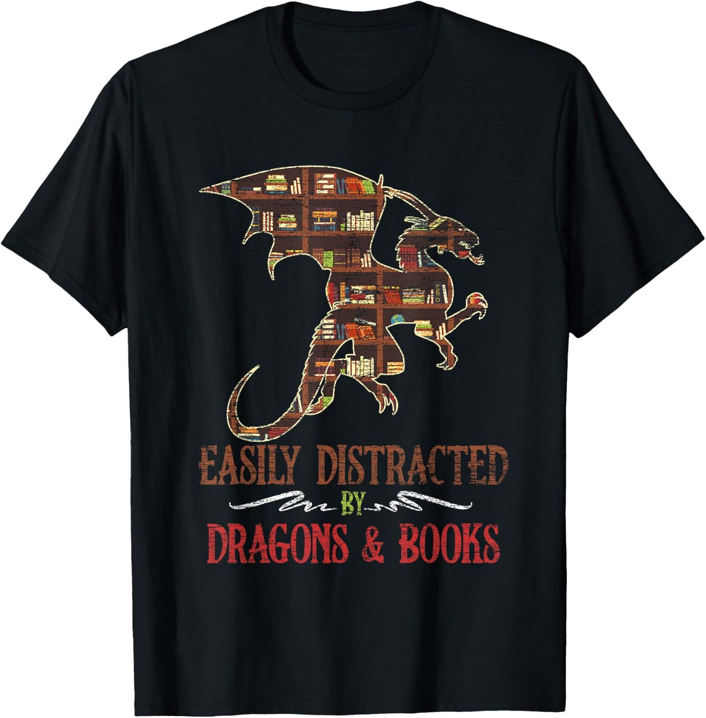 Easily Distracted By Dragons And Books Dragon T-Shirt - T-Shirt | Black