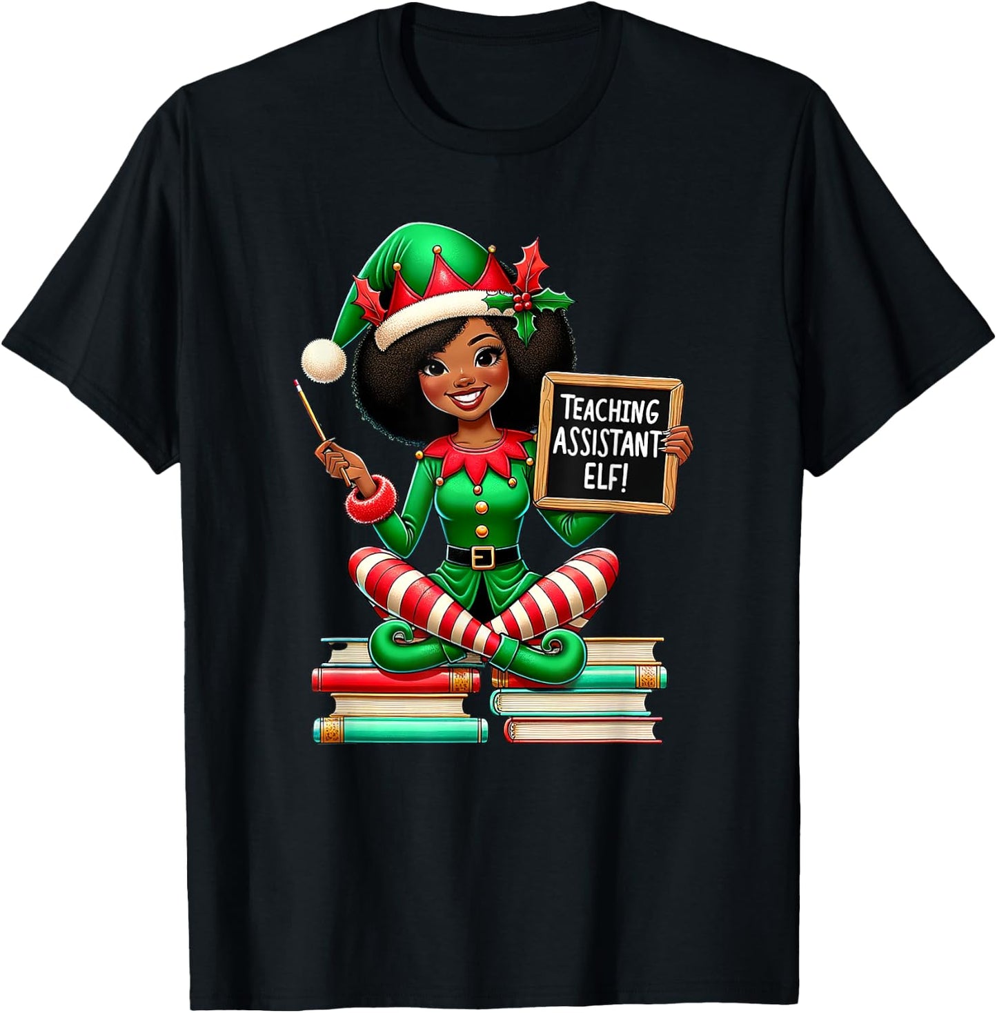 Teaching Assistant Elf African American Elf Educator Holiday T-Shirt - T-Shirt | Black
