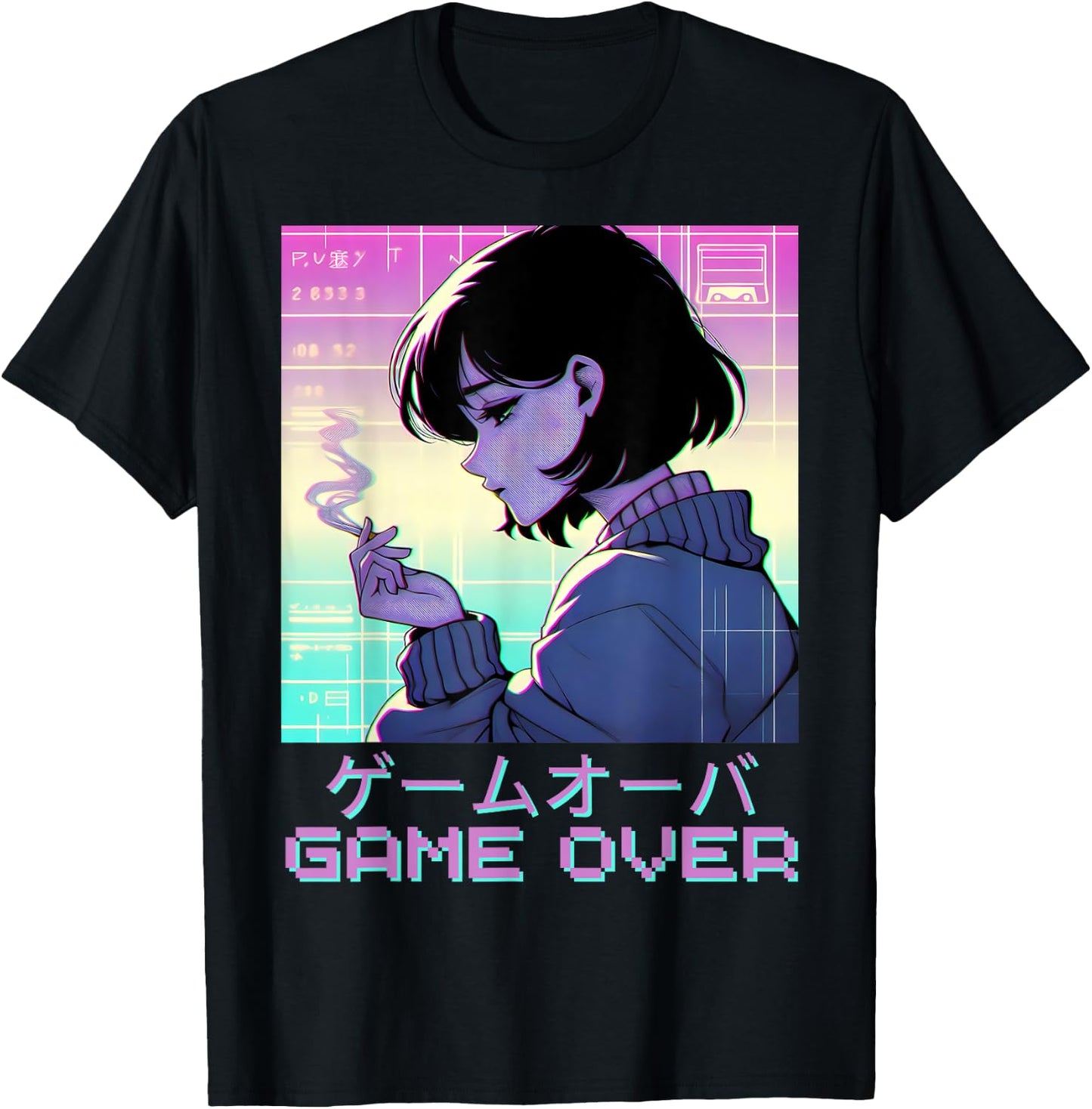 90s Japanese Sad Anime Girl Game Over Vaporwave Aesthetic T-Shirt - T-Shirt | Black