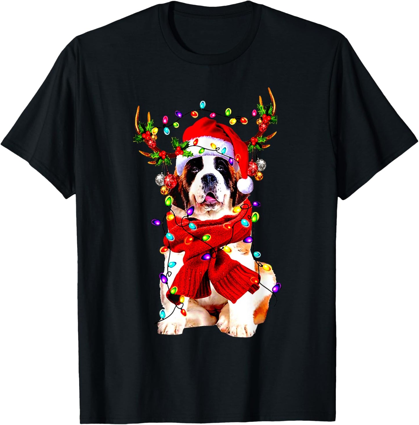 Funny St Bernard gorgeous reindeer Light Christmas T-Shirt - T-Shirt | Black