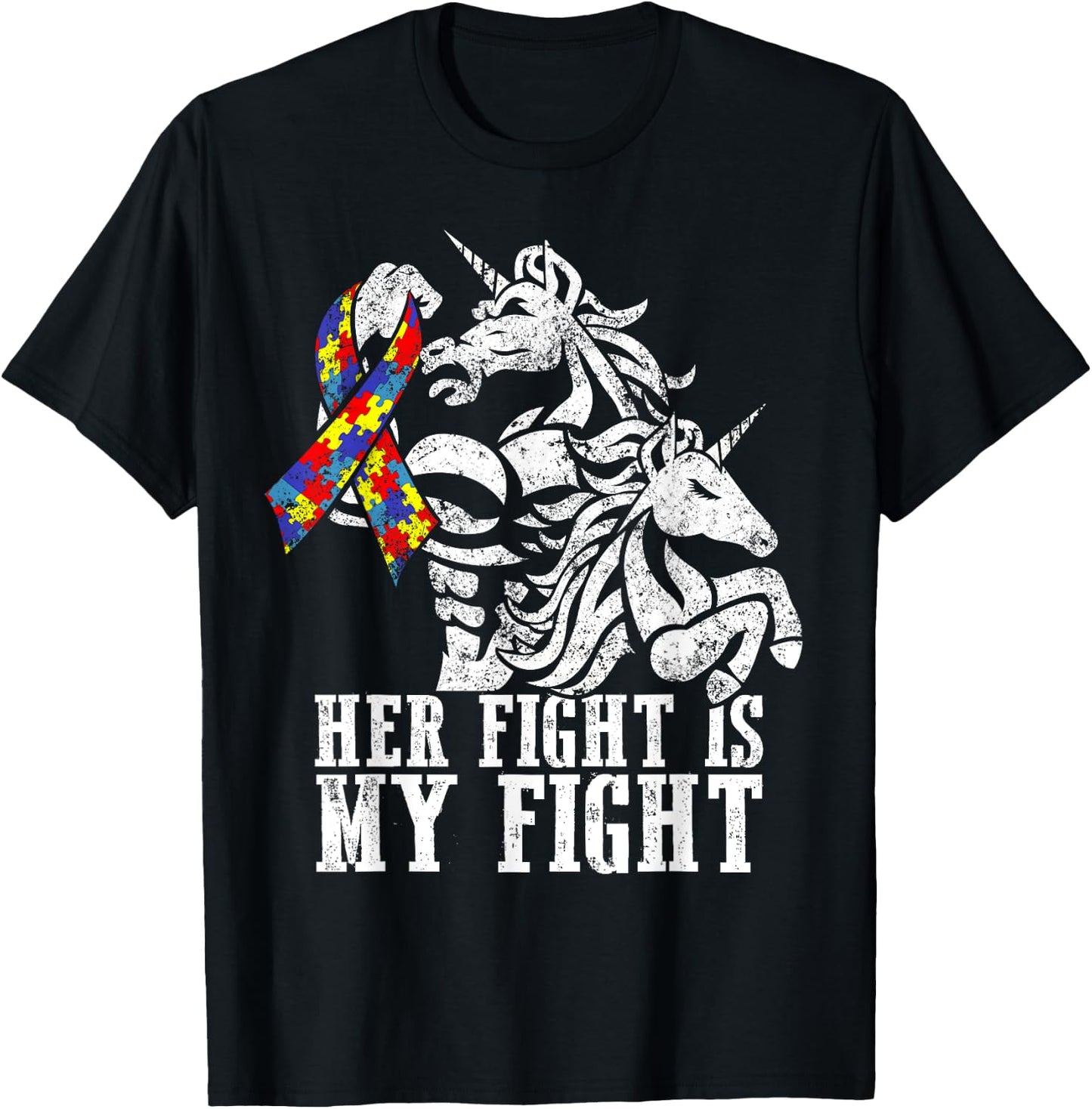 Her Fight is My Fight Autism Ribbon Unicorn Dad Daughter T-Shirt - T-Shirt | Black