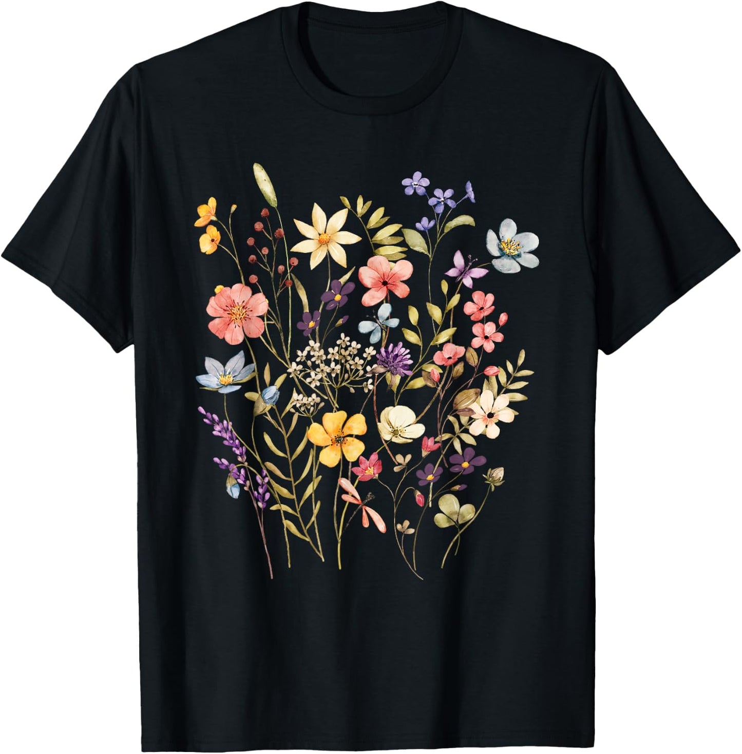 Vintage Flowers Women Wildflower Graphic Floral Gardening T-Shirt - T-Shirt | Black