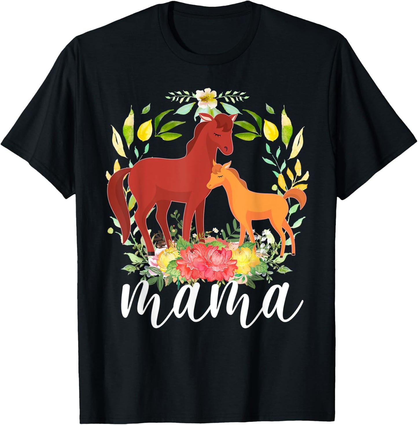 Flowers Mom Horse & Baby Horse - Animal Mama Mother's Day T-Shirt - T-Shirt | Black