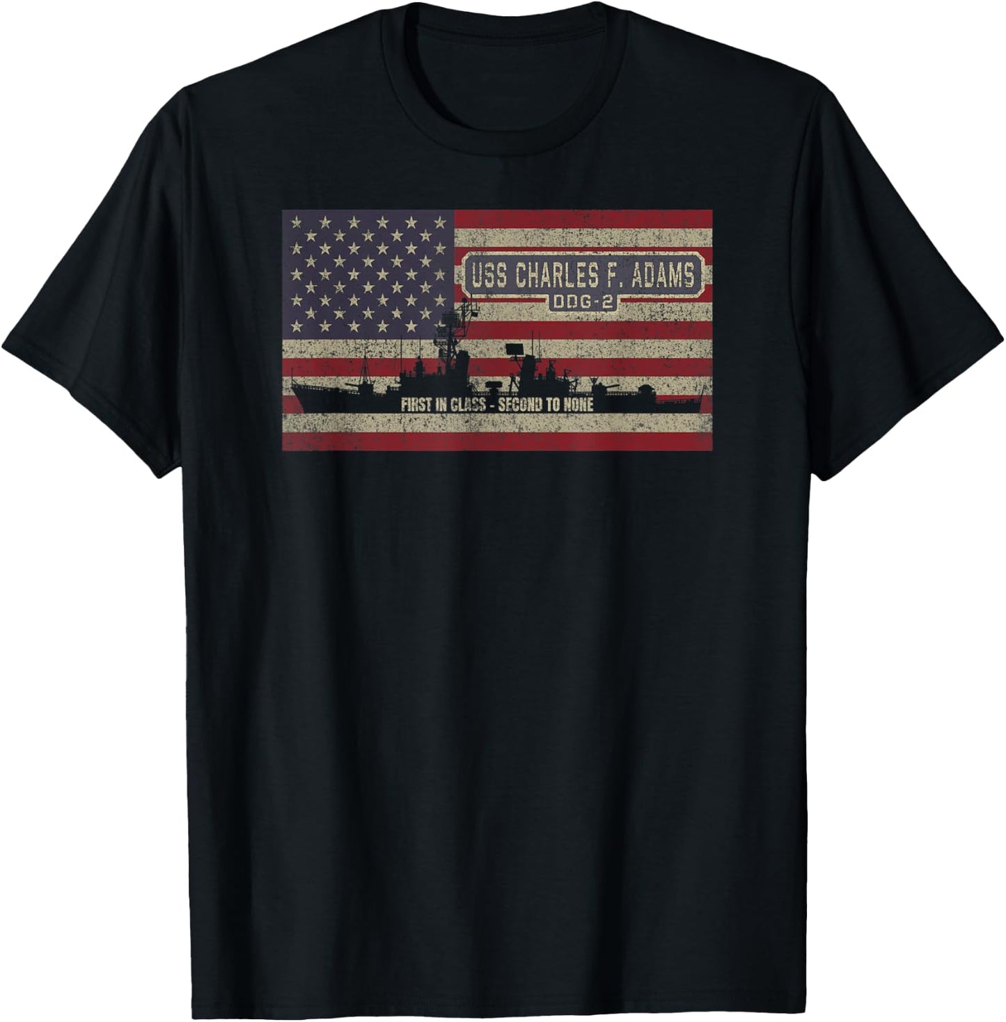 USS Charles F Adams DDG-2 Destroyer Ship USA American Flag T-Shirt - T-Shirt | Black