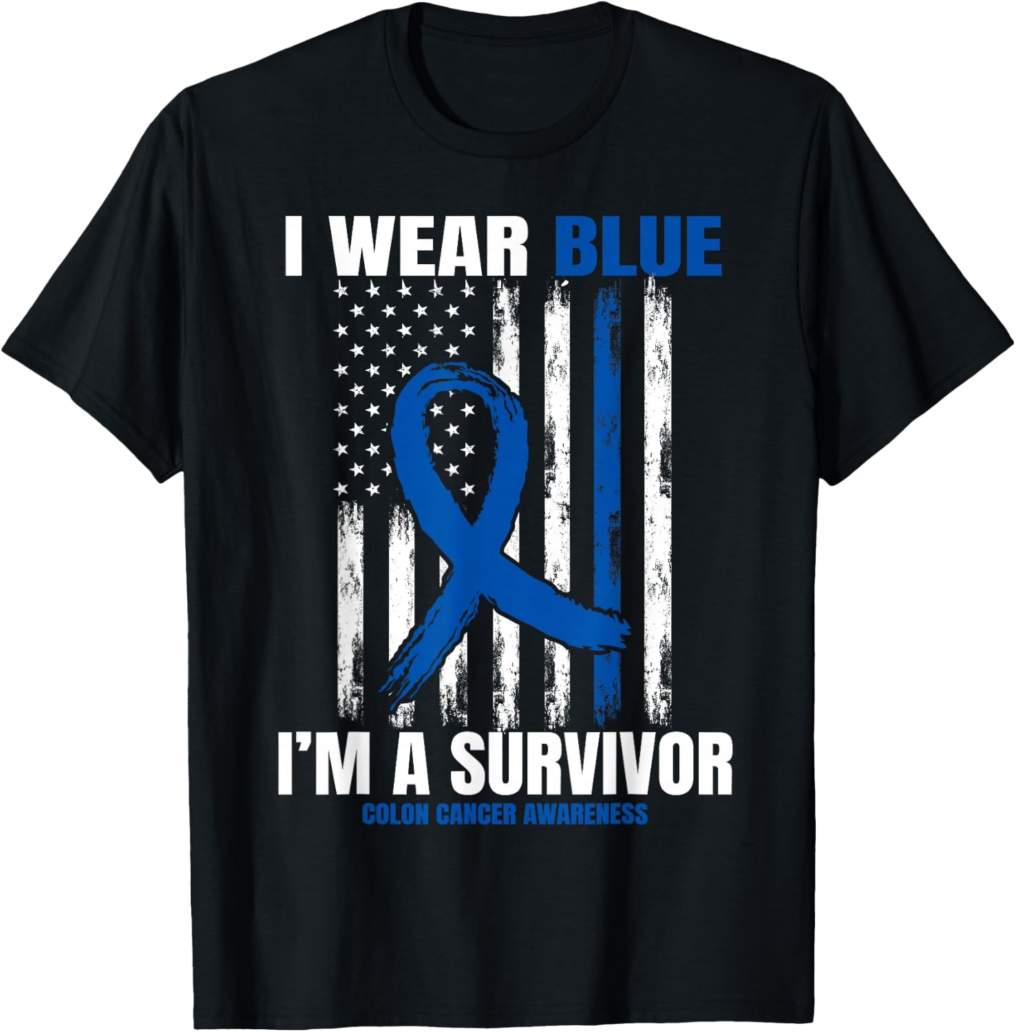Blue Colon Cancer Survivor Gifts Women Men Flag Cancer Free T-Shirt - T-Shirt | Black