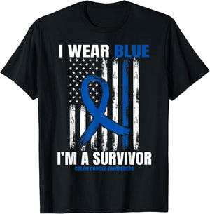 Blue Colon Cancer Survivor Gifts Women Men Flag Cancer Free T-Shirt - T-Shirt | Black