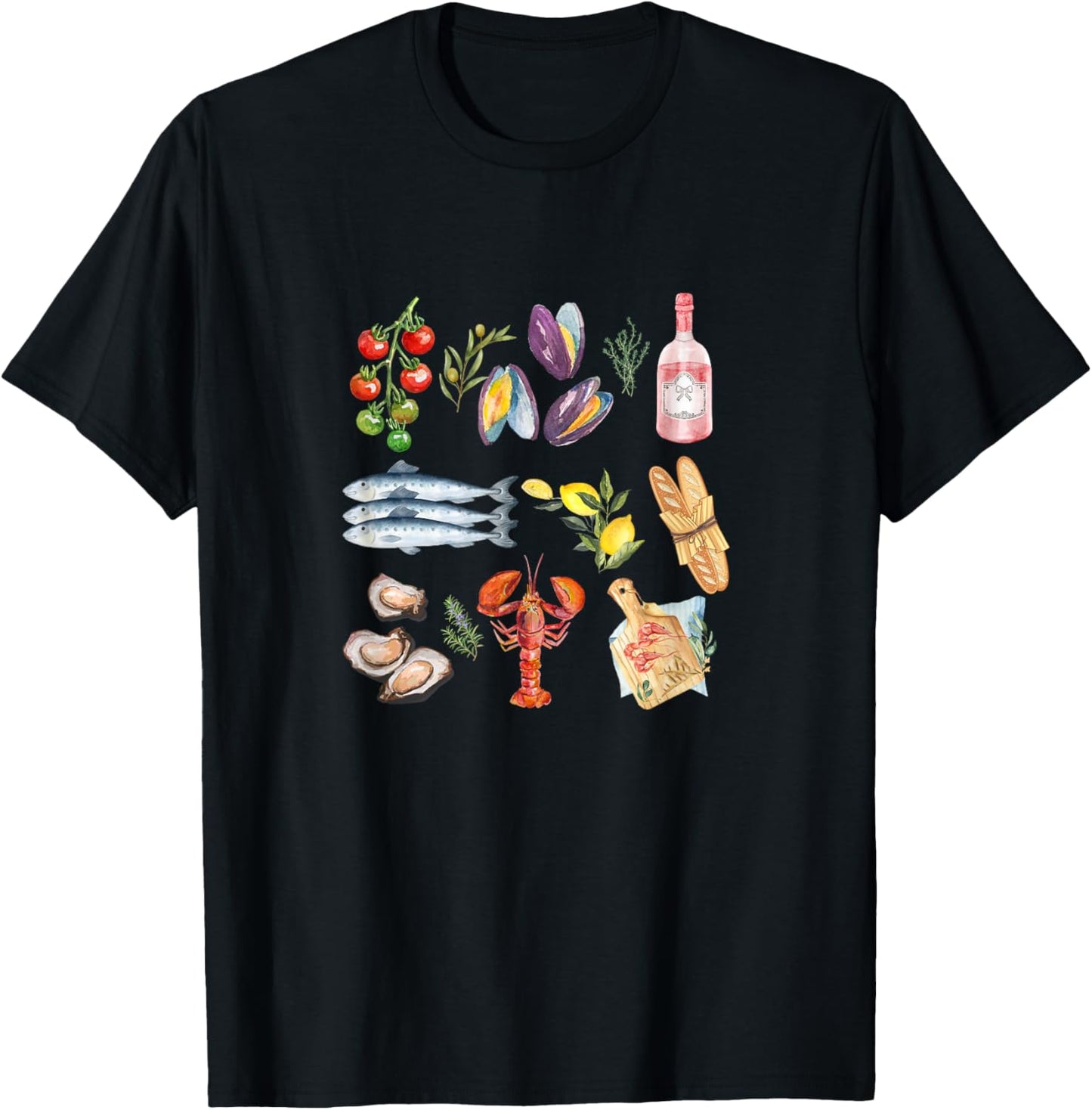 Italian Summer Scrapbook with seafood coastal Mediterranean Men Women Kids T-Shirt - T-Shirt | Black