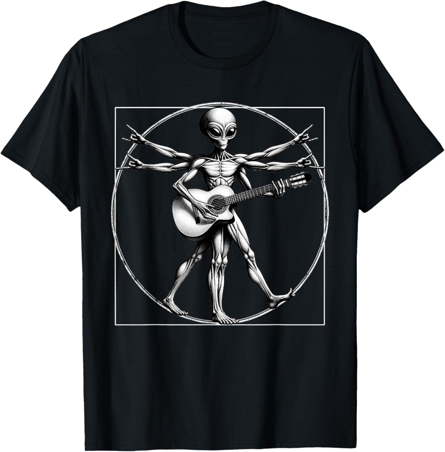 Vitruvian Man Alien Guitarist Funny Music Festival Rock On A T-Shirt - T-Shirt | Black