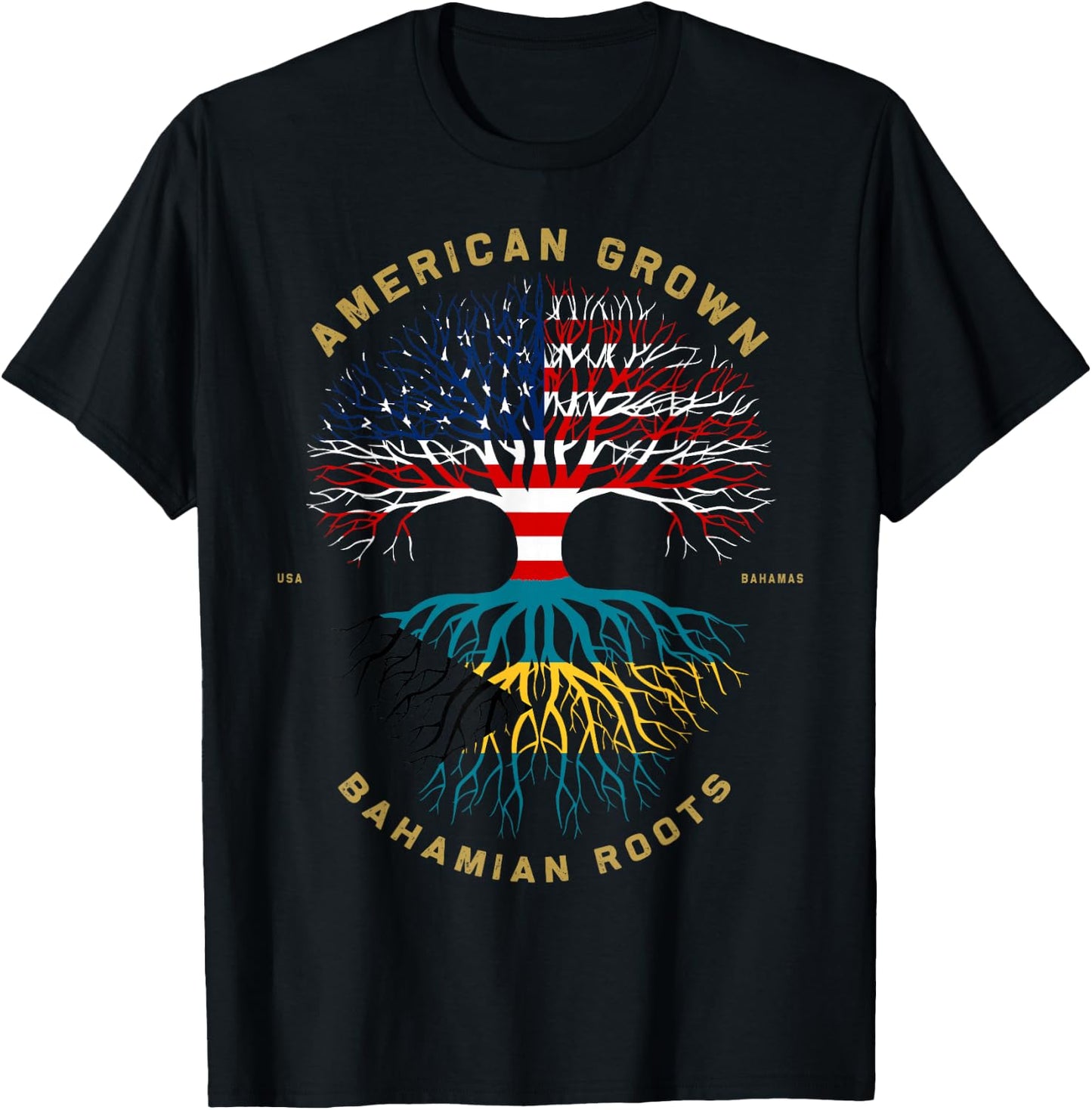 American Grown With Bahamian Roots Tree USA Flag Gifts T-Shirt - T-Shirt | Black