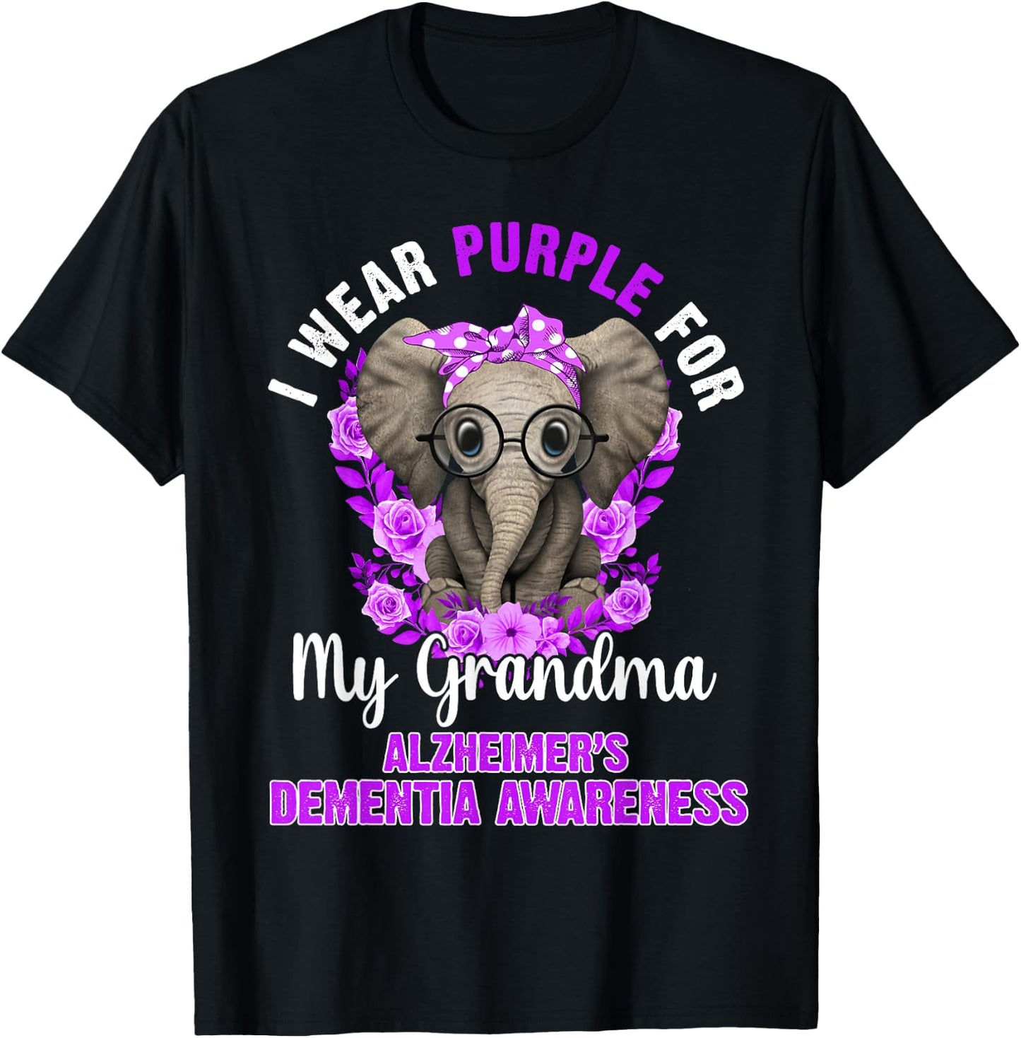I Wear Purple For Grandma Dementia Awareness Elephant T-Shirt - T-Shirt | Black