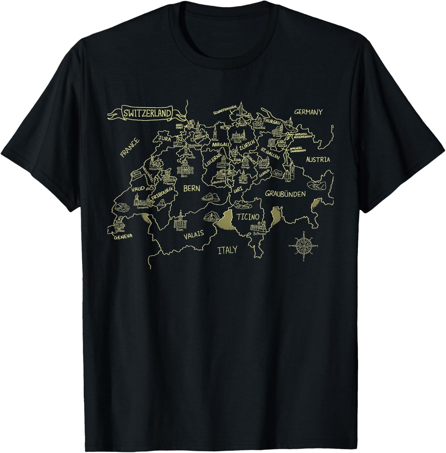 Switzerland Country Map Outline T-Shirt - T-Shirt | Black