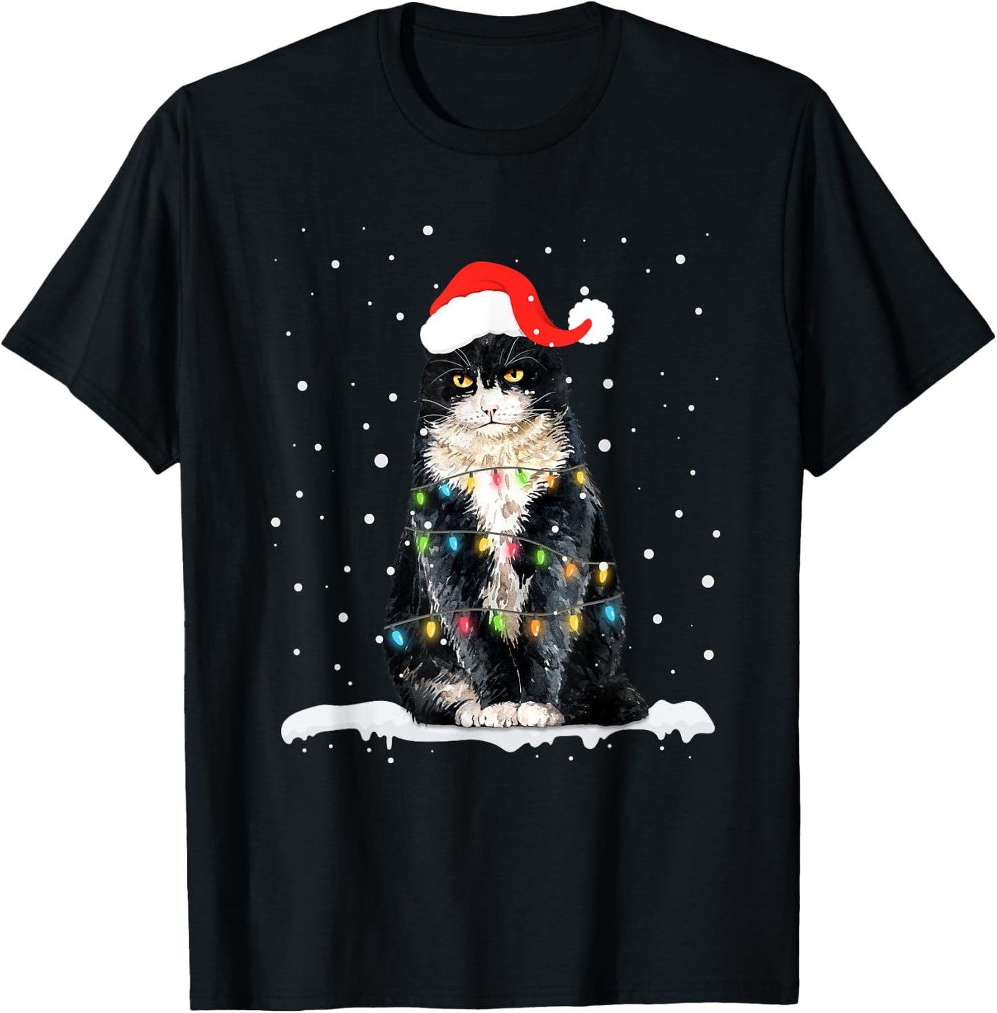 Funny Santa Cat Christmas Lights Holiday Gift Men Women Kids T-Shirt - T-Shirt | Black