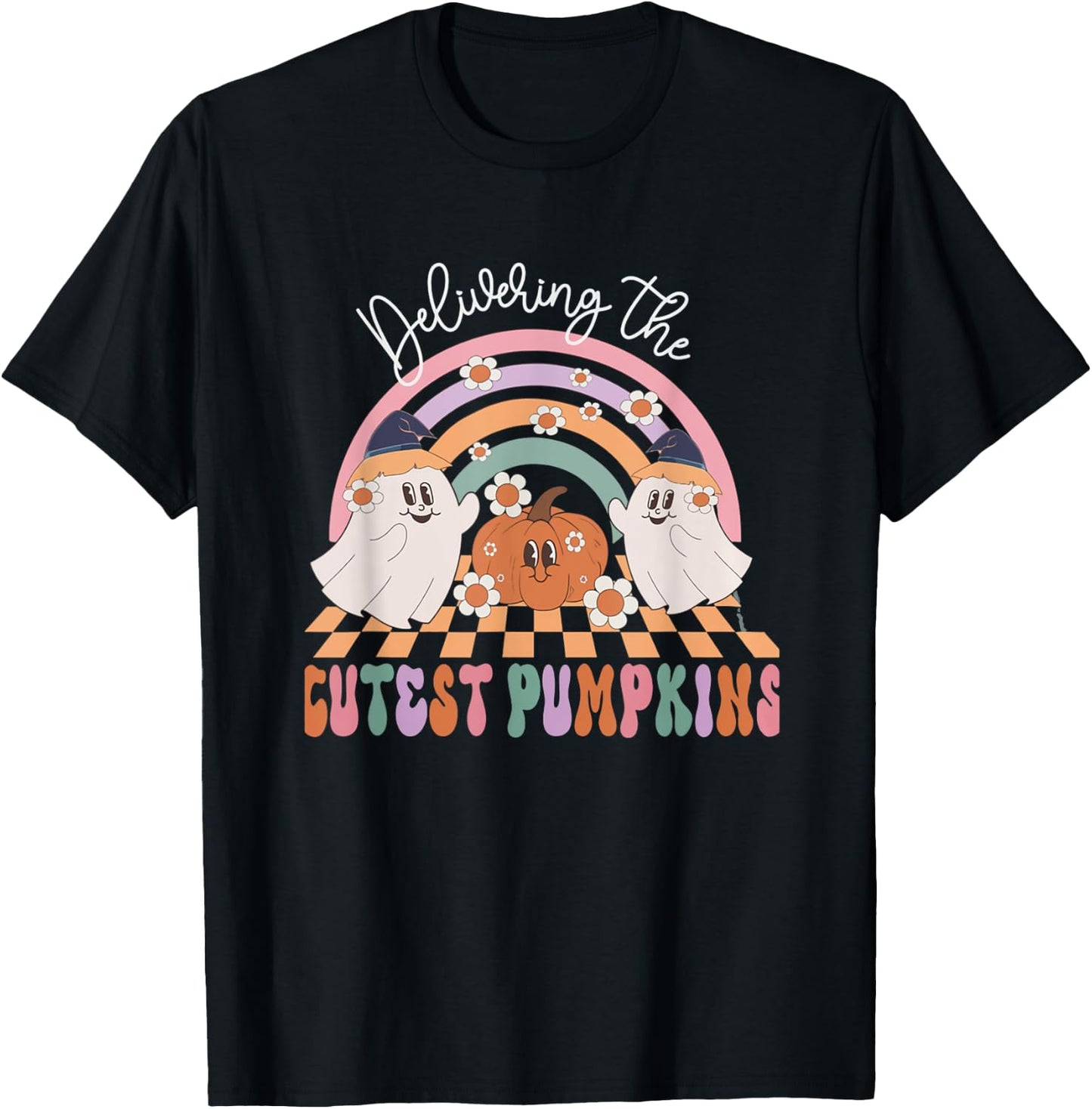 Delivering Cutest Pumpkins Ghost Halloween Labor & Delivery T-Shirt - T-Shirt | Black