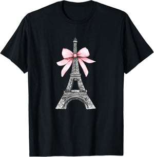 Romantic Paris Eiffel Tower with Pink Bow Vintage Art T-Shirt - T-Shirt | Black