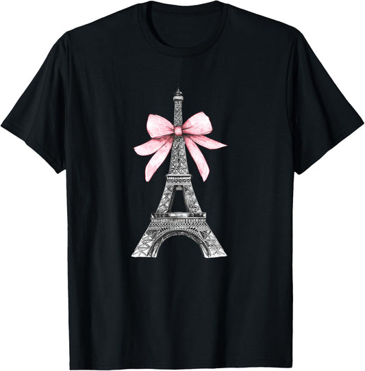 Romantic Paris Eiffel Tower with Pink Bow Vintage Art T-Shirt - T-Shirt | Black