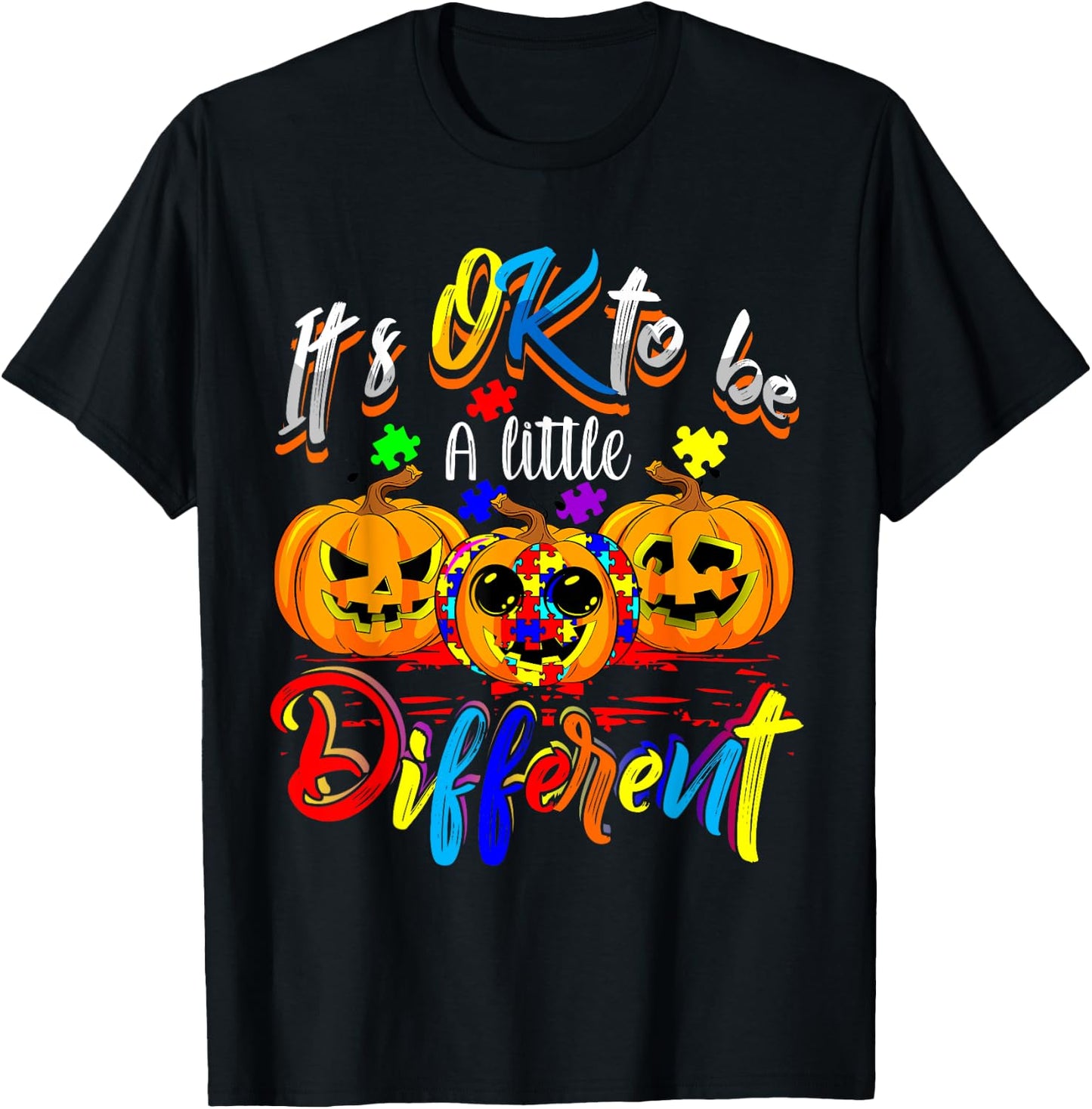 Halloween Autism Pumpkin It's OK To Be a Little Different T-Shirt - T-Shirt | Black