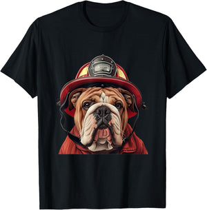 English Bulldog Firefighter Hat Firehouse Fireman Dog T-Shirt - T-Shirt | Black