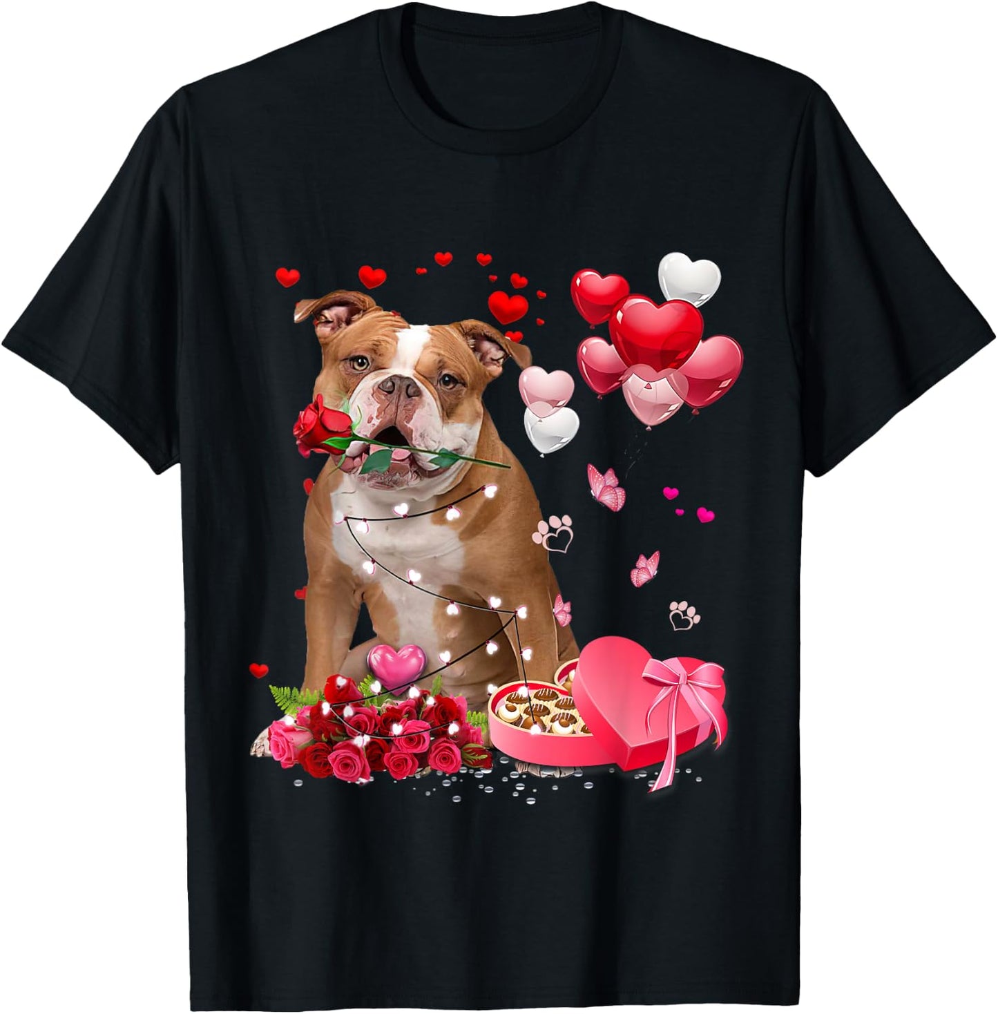 Funny Old English Bulldog Rose Heart Happy Valentine Day Dog T-Shirt - T-Shirt | Black
