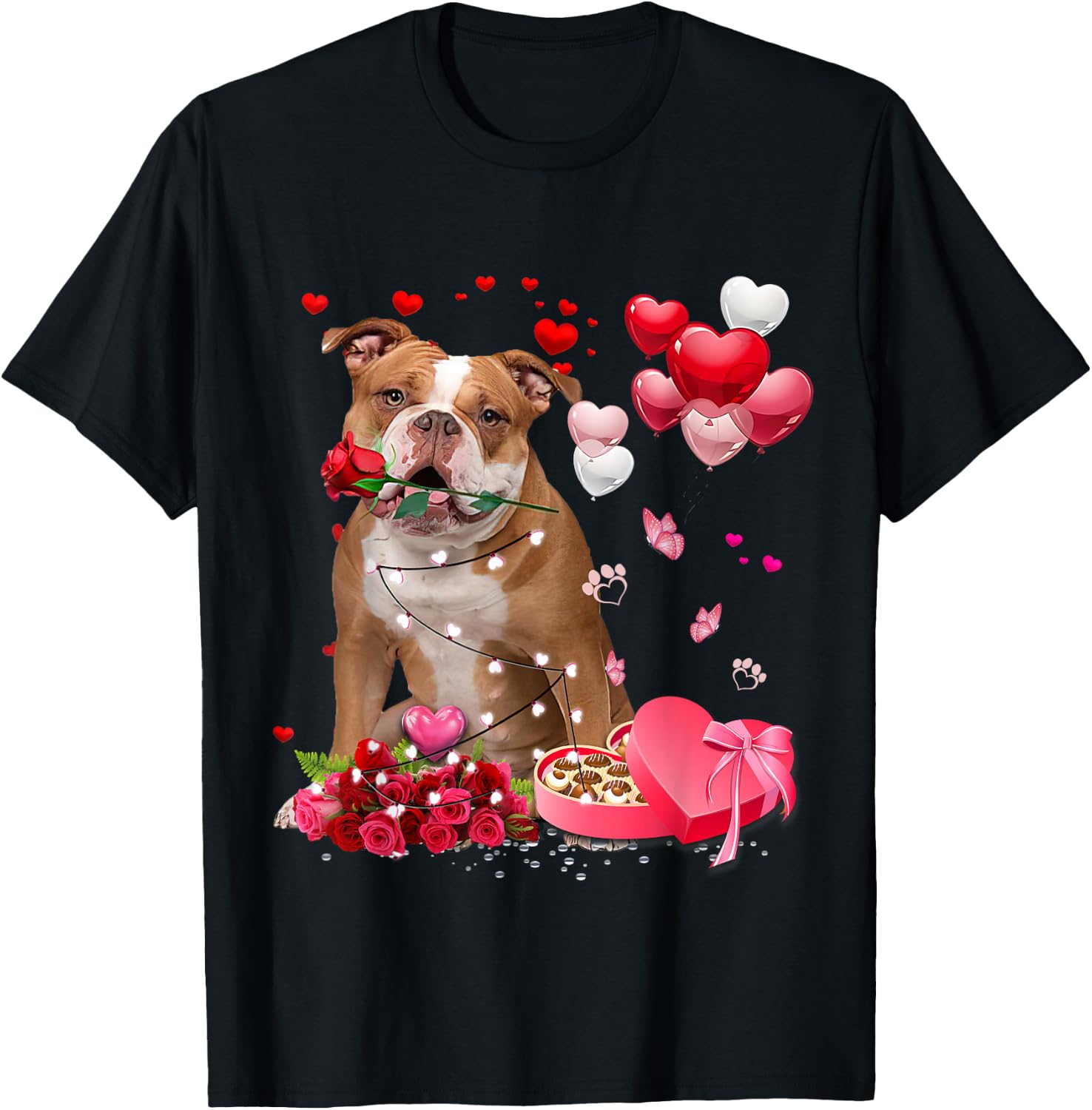 Funny Old English Bulldog Rose Heart Happy Valentine Day Dog T-Shirt - T-Shirt | Black