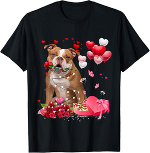 Funny Old English Bulldog Rose Heart Happy Valentine Day Dog T-Shirt - T-Shirt | Black