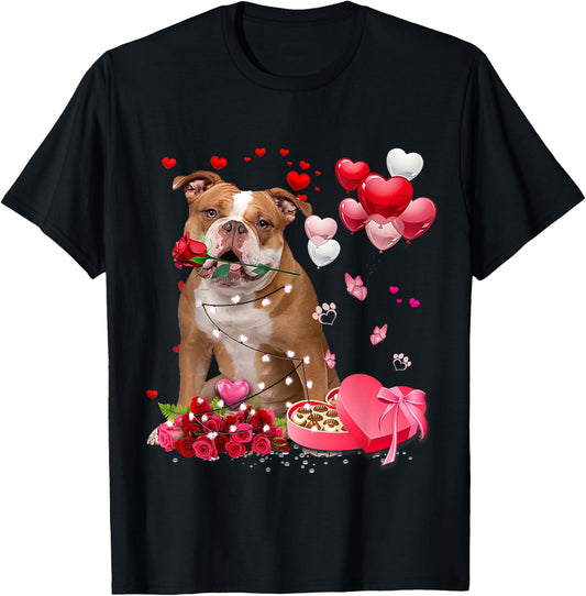 Funny Old English Bulldog Rose Heart Happy Valentine Day Dog T-Shirt - T-Shirt | Black