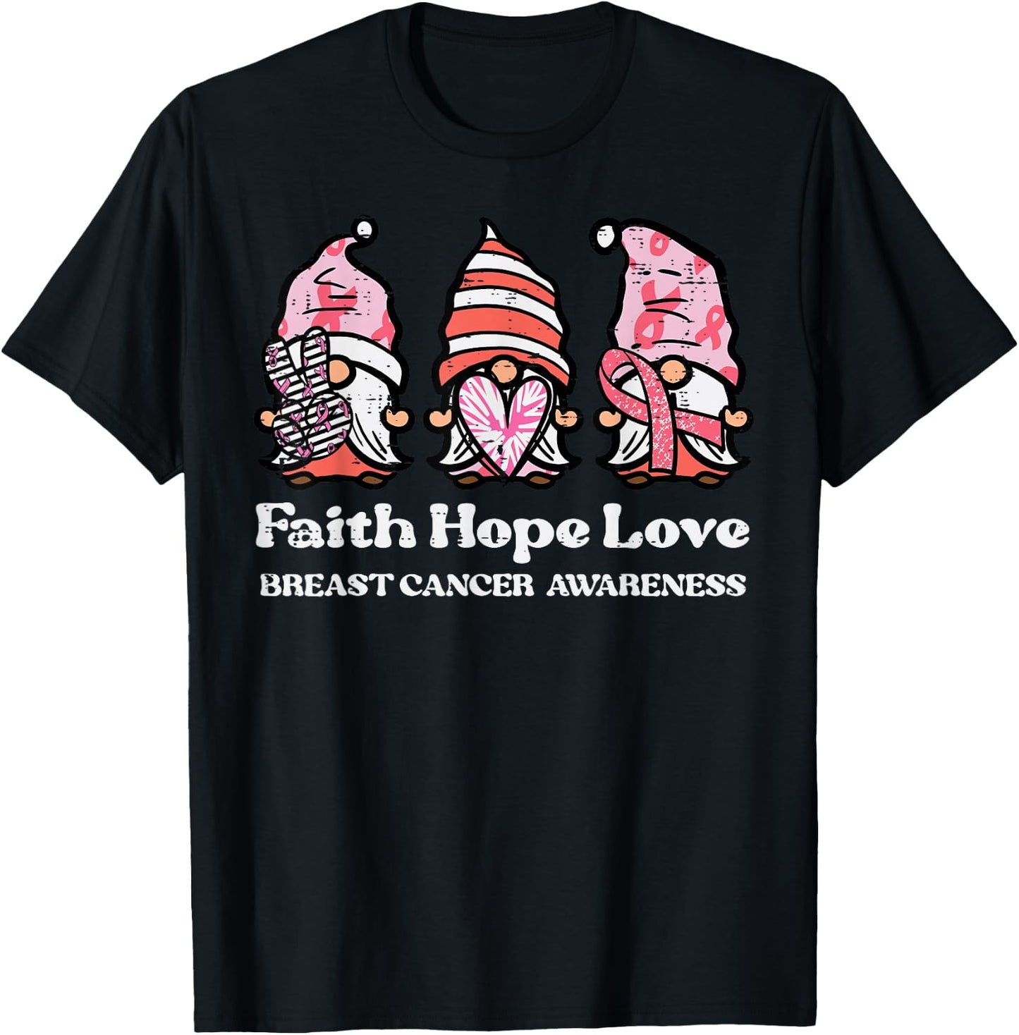 Breast Cancer Awareness Gnomes Faith Hope Love Men Women Kid T-Shirt - T-Shirt | Black