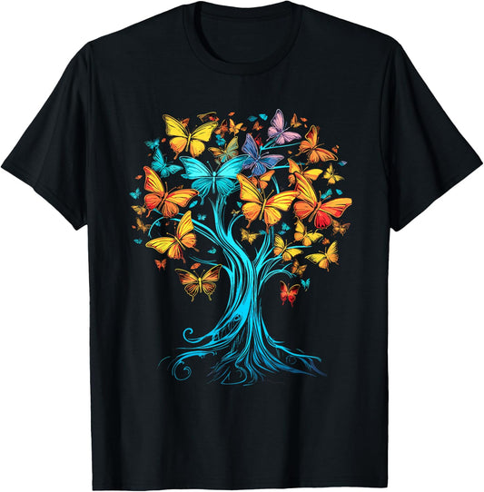 Butterfly Tree Beautiful Butterflies Garden Colorful T-Shirt - T-Shirt | Black