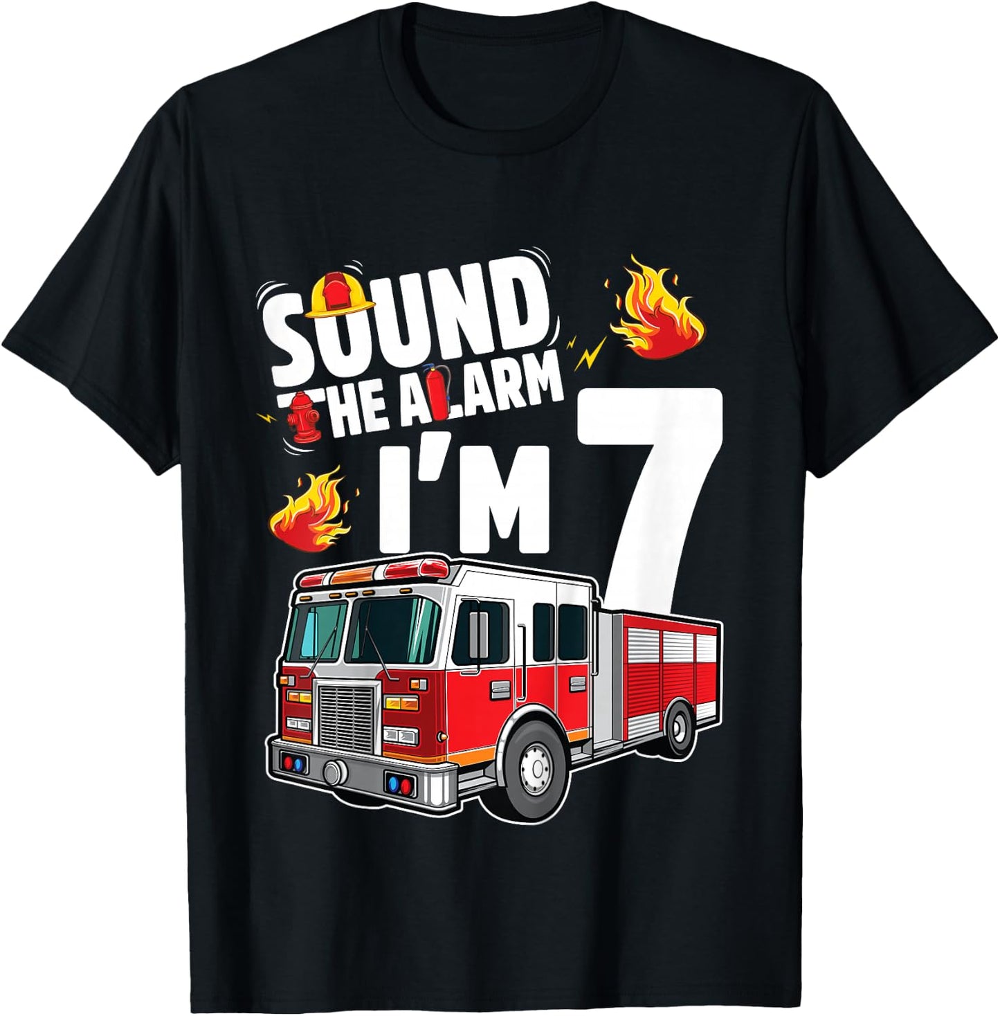 Fire Truck 7th Birthday Boy Firefighter 7 Year Old T-Shirt - T-Shirt | Black