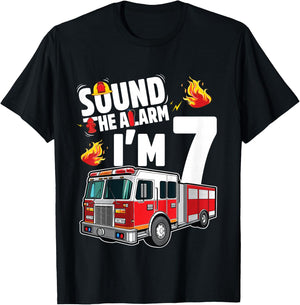 Fire Truck 7th Birthday Boy Firefighter 7 Year Old T-Shirt - T-Shirt | Black