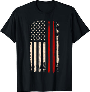 Vintage Drum Sticks American Flag Funny Drummer Gift T-Shirt - T-Shirt | Black