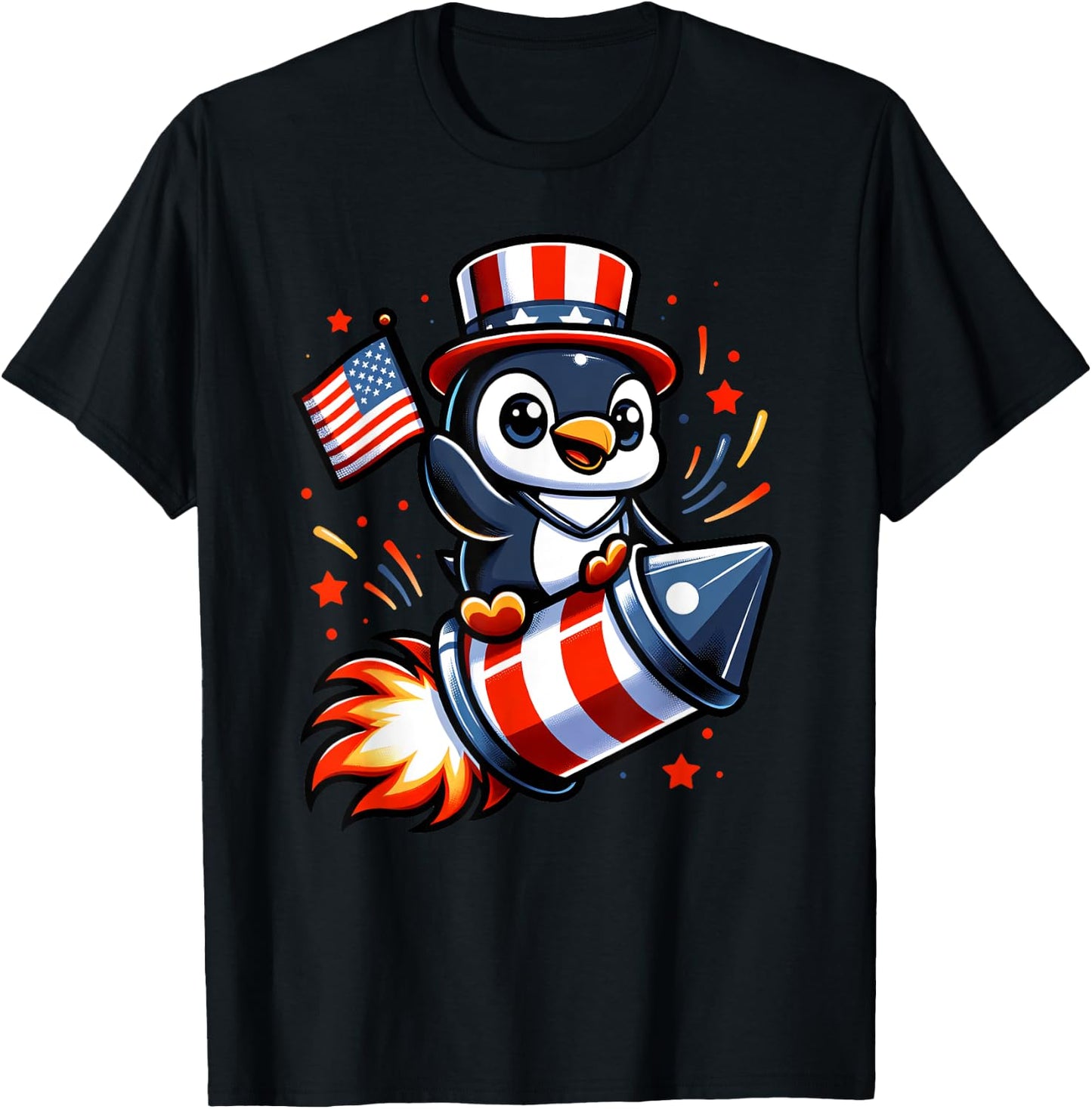 4th July Penguin Fireworks American USA Flag Boys Girls T-Shirt - T-Shirt | Black