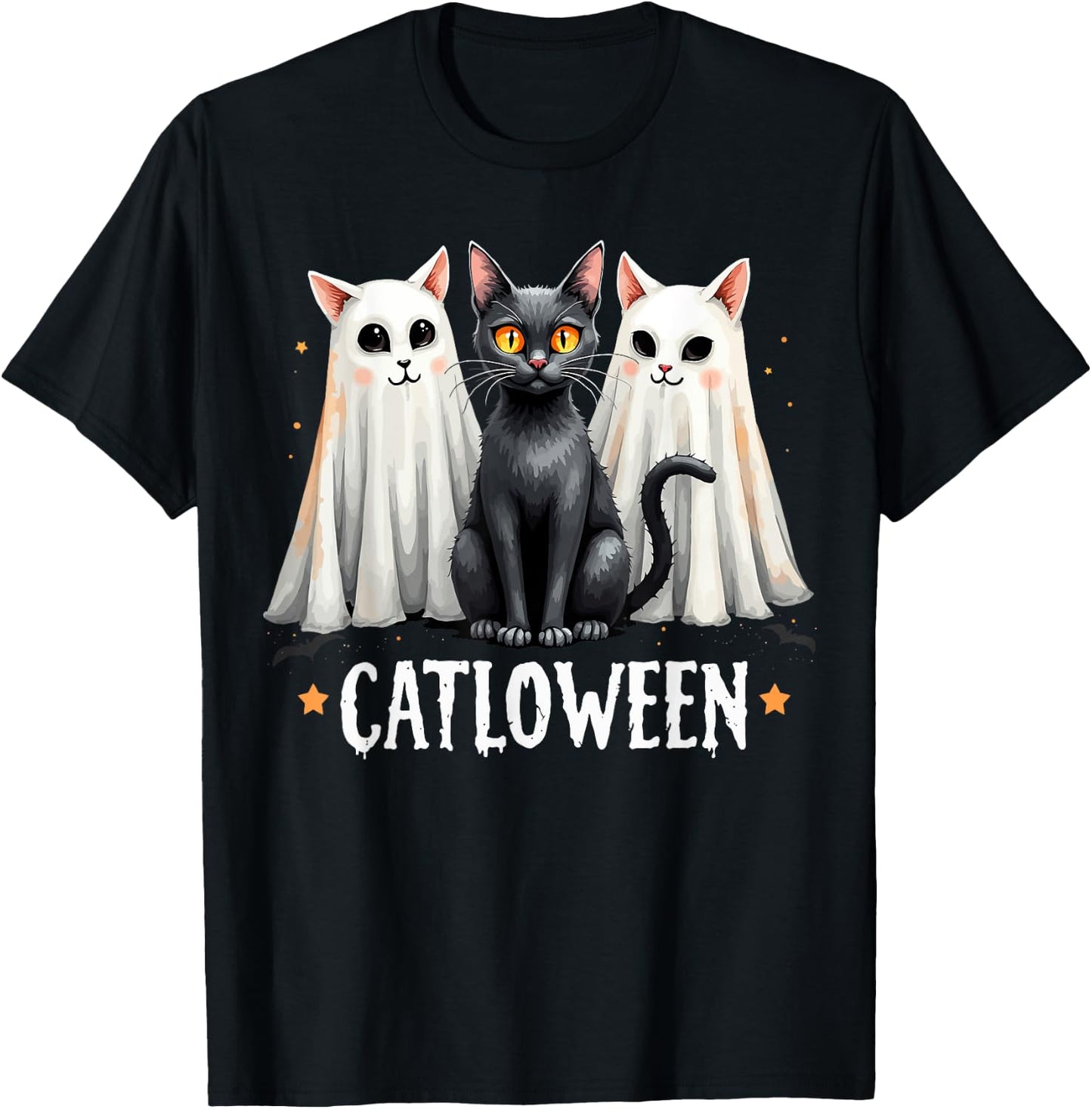 Catloween Cute Ghost Cats and Black Cat Halloween T-Shirt - T-Shirt | Black