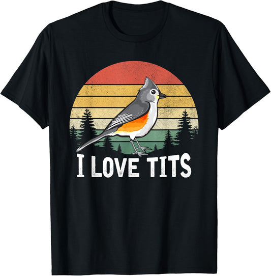 Retro Tufted Titmouse Bird Sunset Gift Funny T-Shirt - T-Shirt | Black