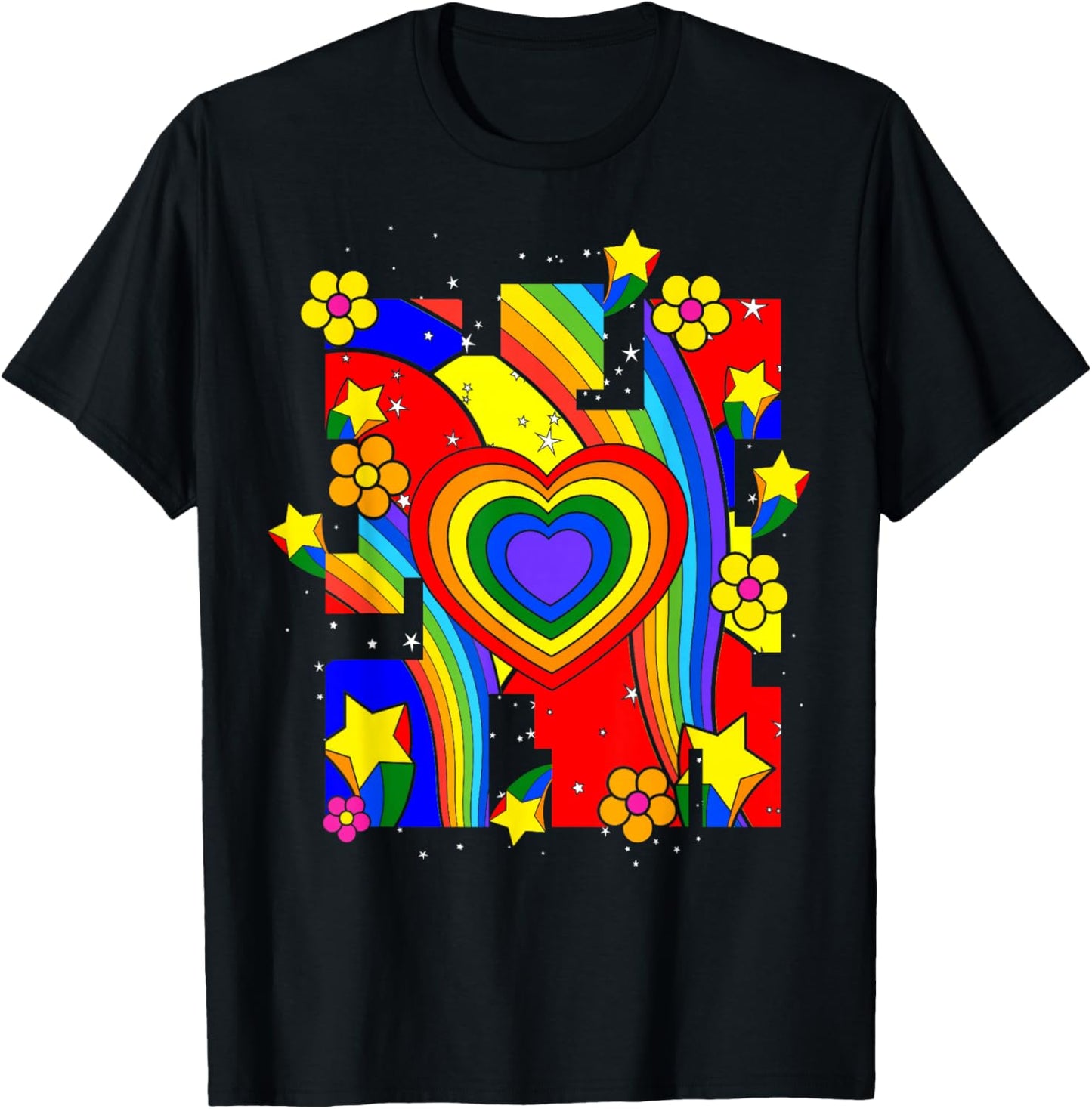 Kidcore Aesthetic Rainbow Heart Flowers Retro 80s 90s Groovy T-Shirt - T-Shirt | Black