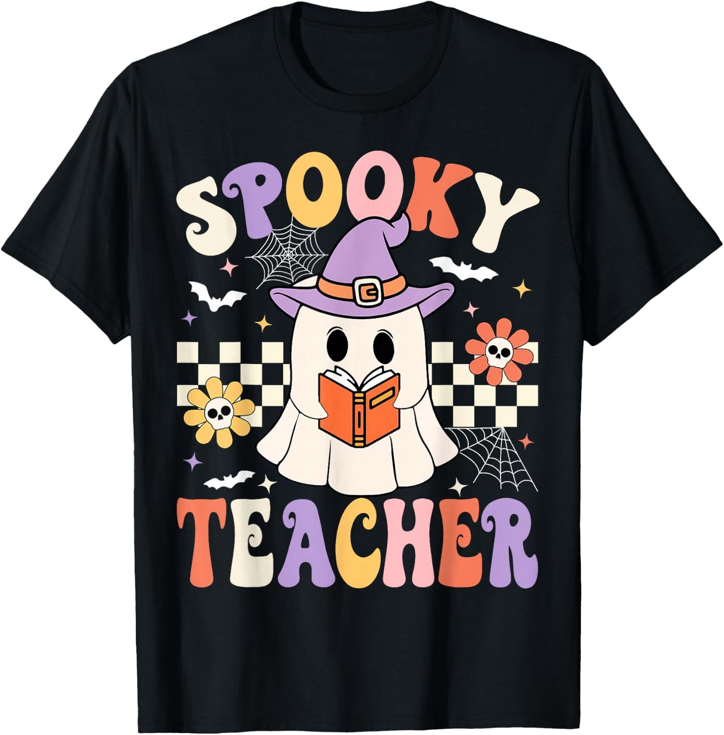 Groovy Spooky Teacher Ghost Retro Floral Teacher Halloween T-Shirt - T-Shirt | Black