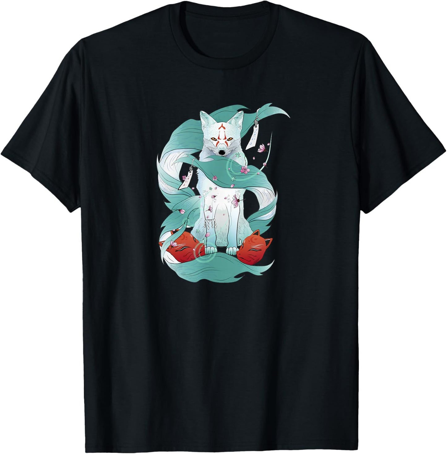 Nine-Tailed Fox Kitsune Japanese Kami Inari Fox Spirit Yokai T-Shirt - T-Shirt | Black