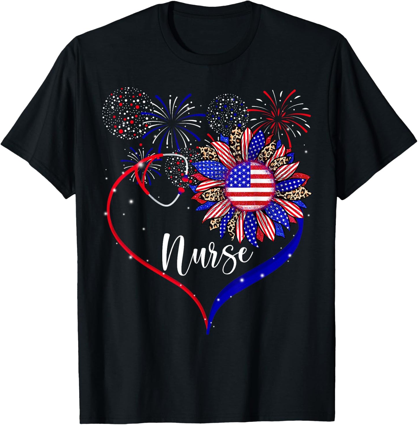 Patriotic Nurse 4th Of July American Flag Sunflower Love T-Shirt - T-Shirt | Black