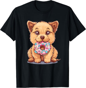 Cute Dog With Donut I Kids Dog T-Shirt - T-Shirt | Black