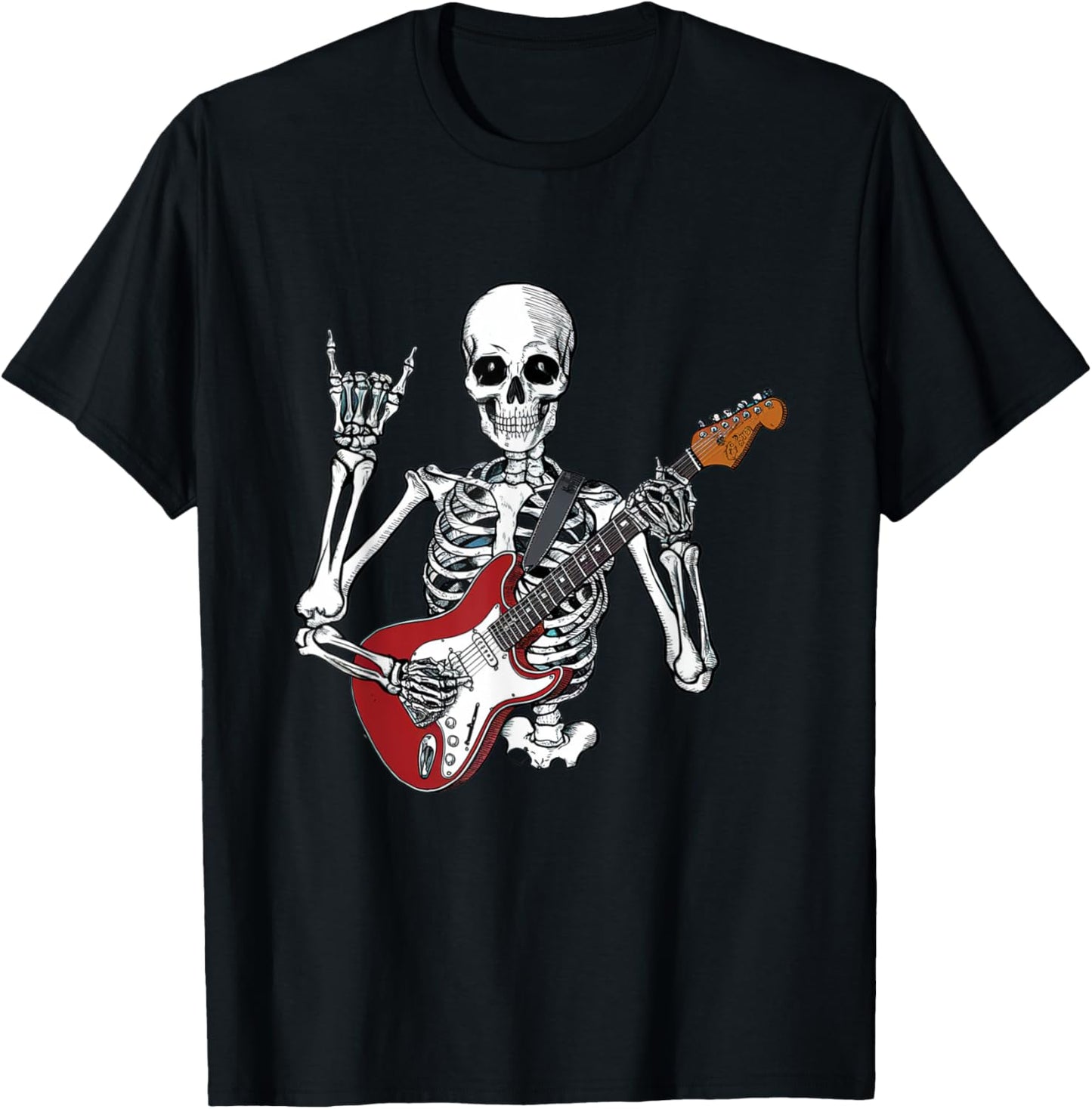 Rock On Skeleton Guitarist Funny Art Design T-Shirt - T-Shirt | Black
