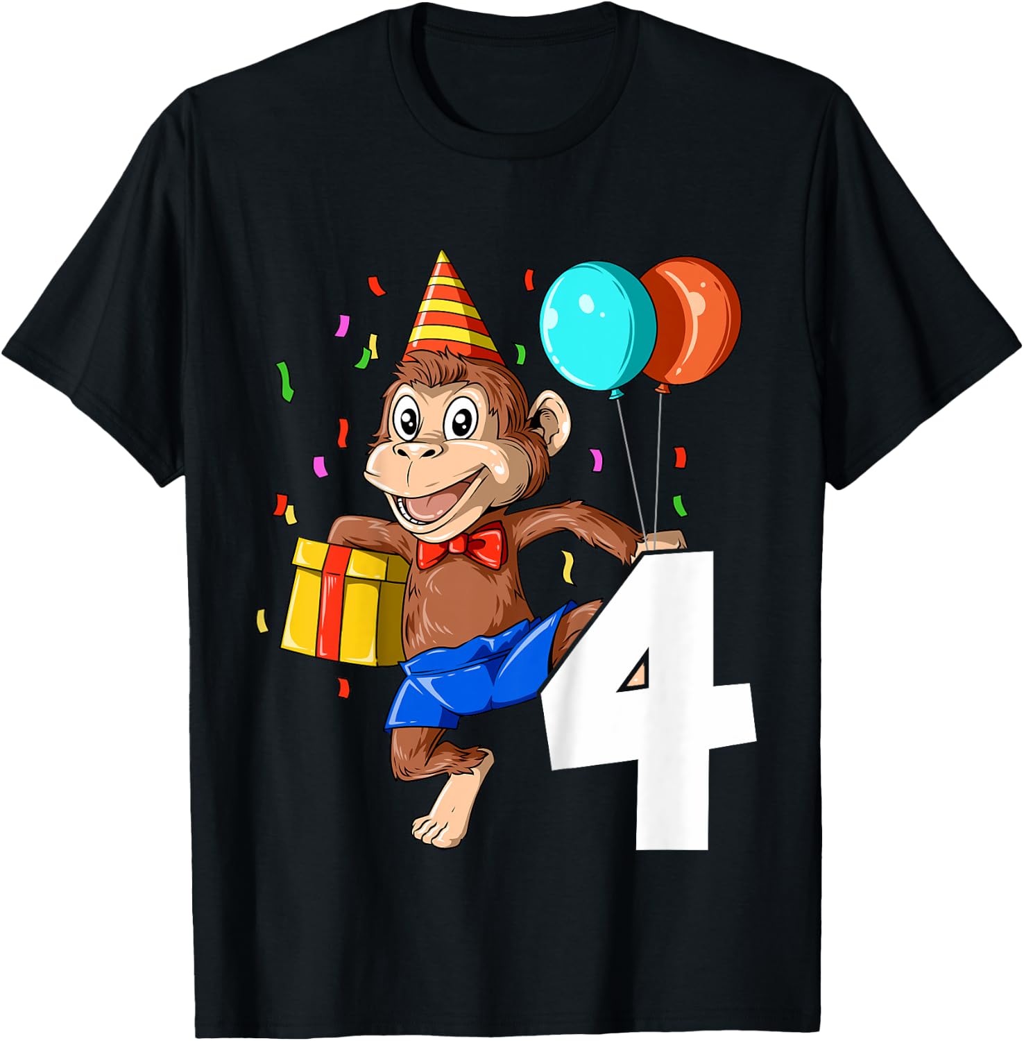 Kids Monkey Birthday 4 Monkey 4th Birthday Outfit Monkey 4 Party T-Shirt - T-Shirt | Black