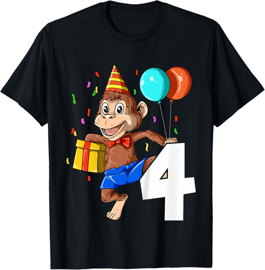 Kids Monkey Birthday 4 Monkey 4th Birthday Outfit Monkey 4 Party T-Shirt - T-Shirt | Black