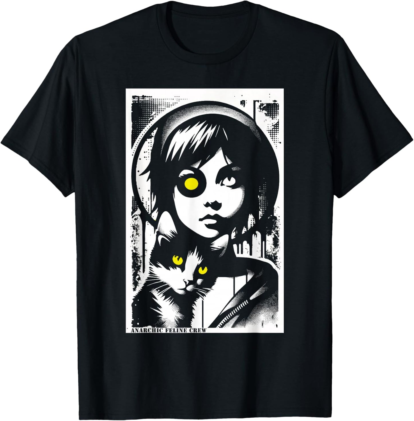 Punk Girl and Cat Graffiti Grunge 90s Distressed Vintage T-Shirt - T-Shirt | Black