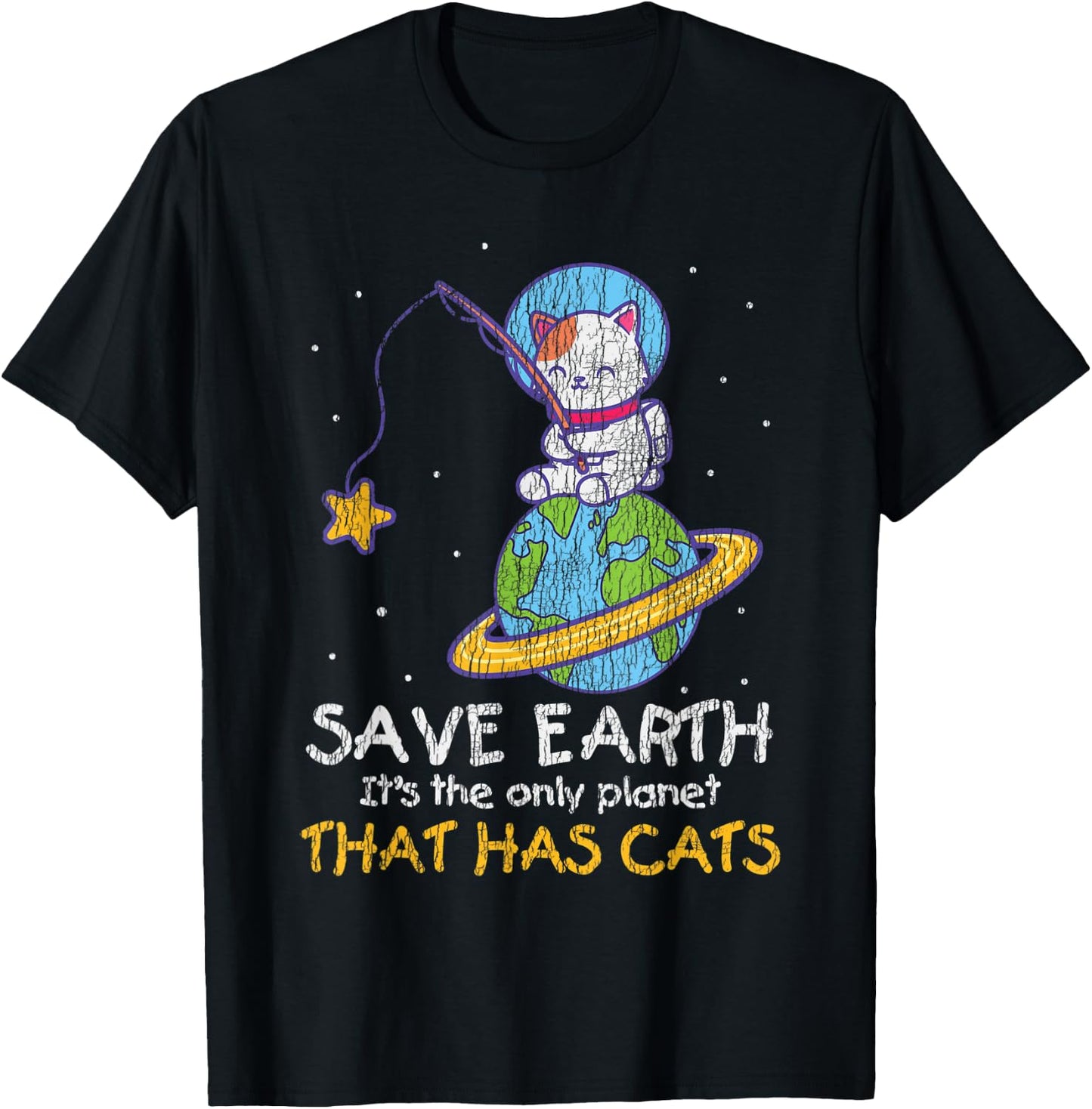 Vintage Save Earth That Has Cat Funny Earth Day Cat Lover T-Shirt - T-Shirt | Black