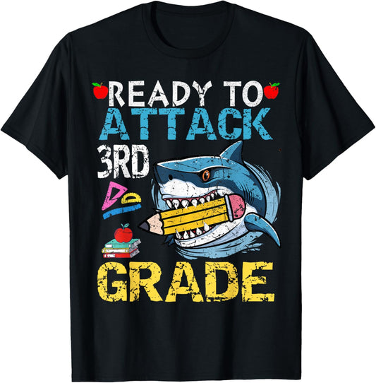 Ready To Attack 3rd Grade Funny Shark 3rd First Day School T-Shirt - T-Shirt | Black